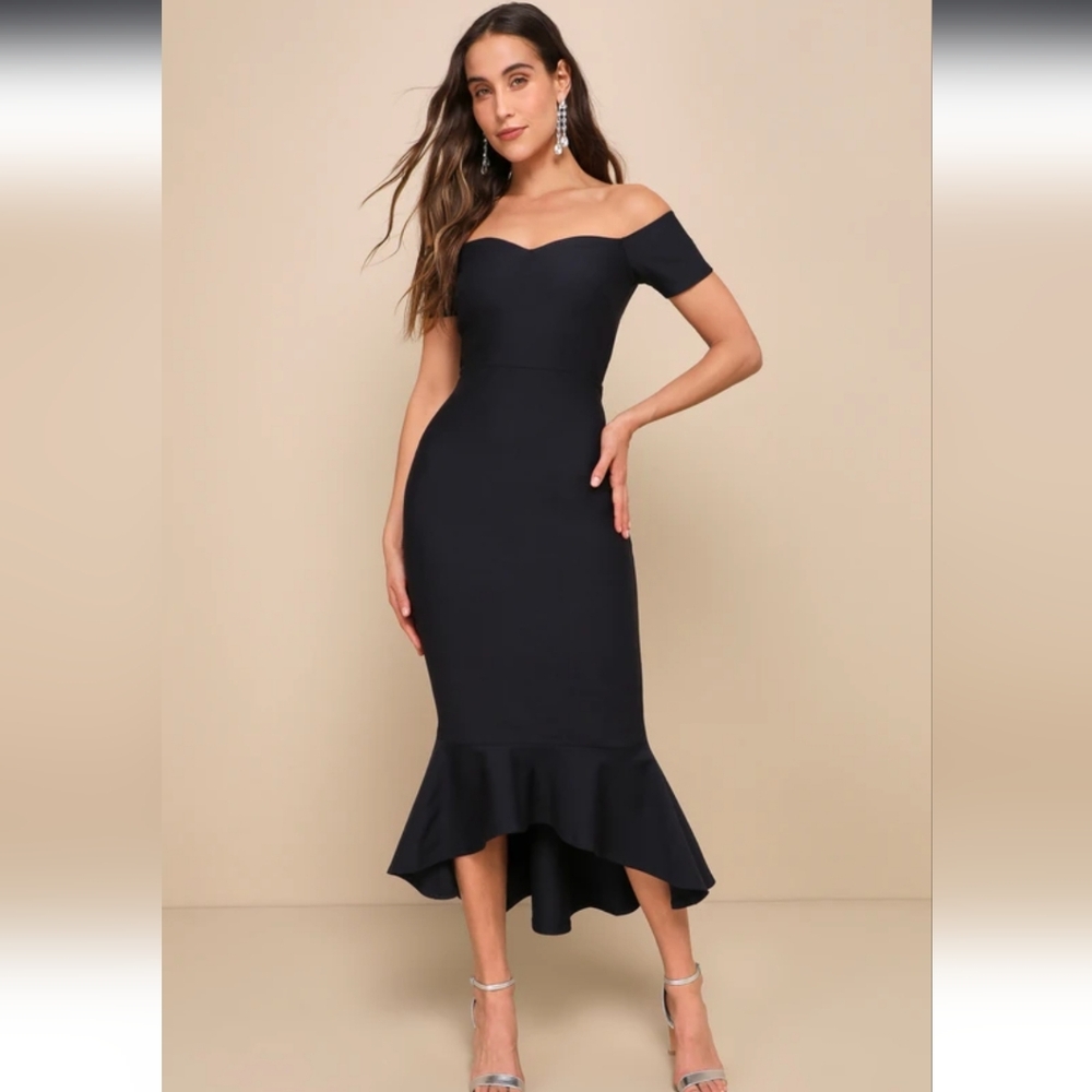 Lulus Black Off-Shoulder Midi Dress